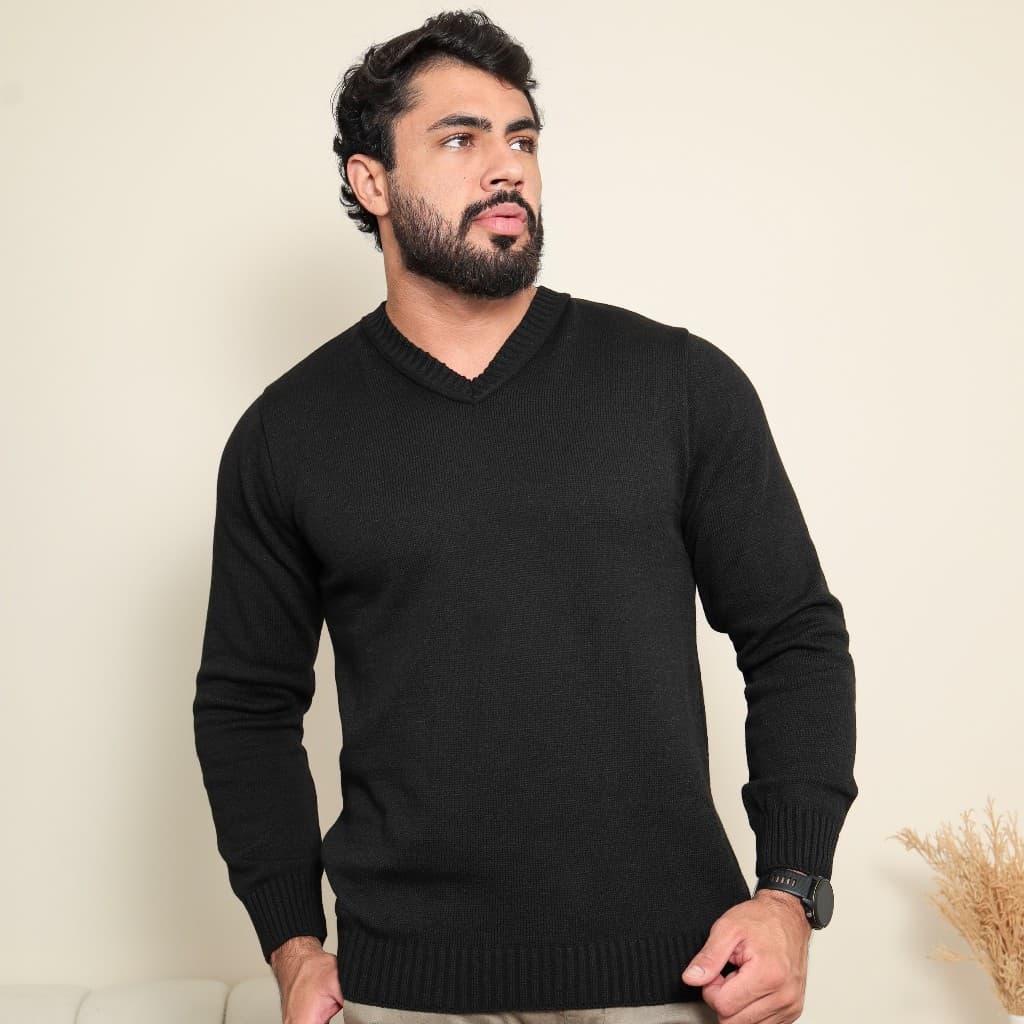 Suéter Masculino Liso Tricot Decote em V Básica Inverno Blusa Manga Longa Trico Casual Estilosa