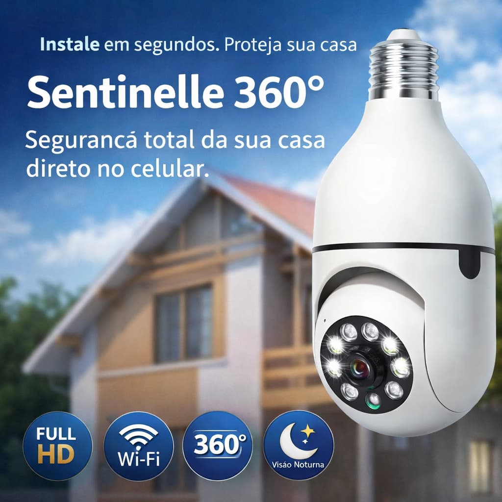 Câmera Lâmpada WiFi 360° Sentinelle SmartCam Full HD Visão Noturna Segurança IP