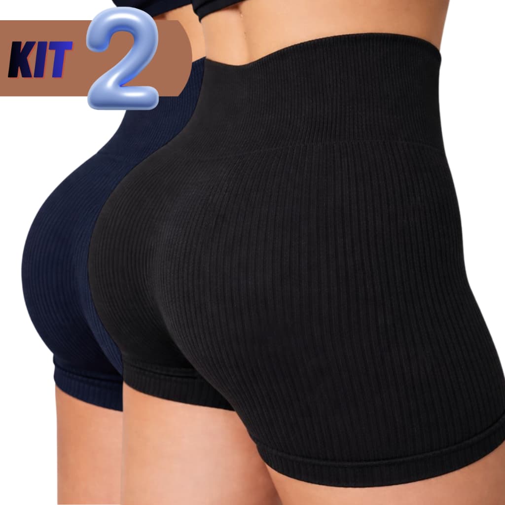 Kit 1/2/3 Short Academia Feminino Cintura Alta Tecido Canelado Secagem Rápida Zero Transparência