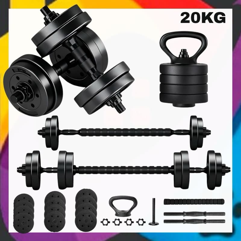 Kit 20kg - Halteres, Anilhas, Barras e kettlebell Ajustáveis - Treino em Casa Musculação