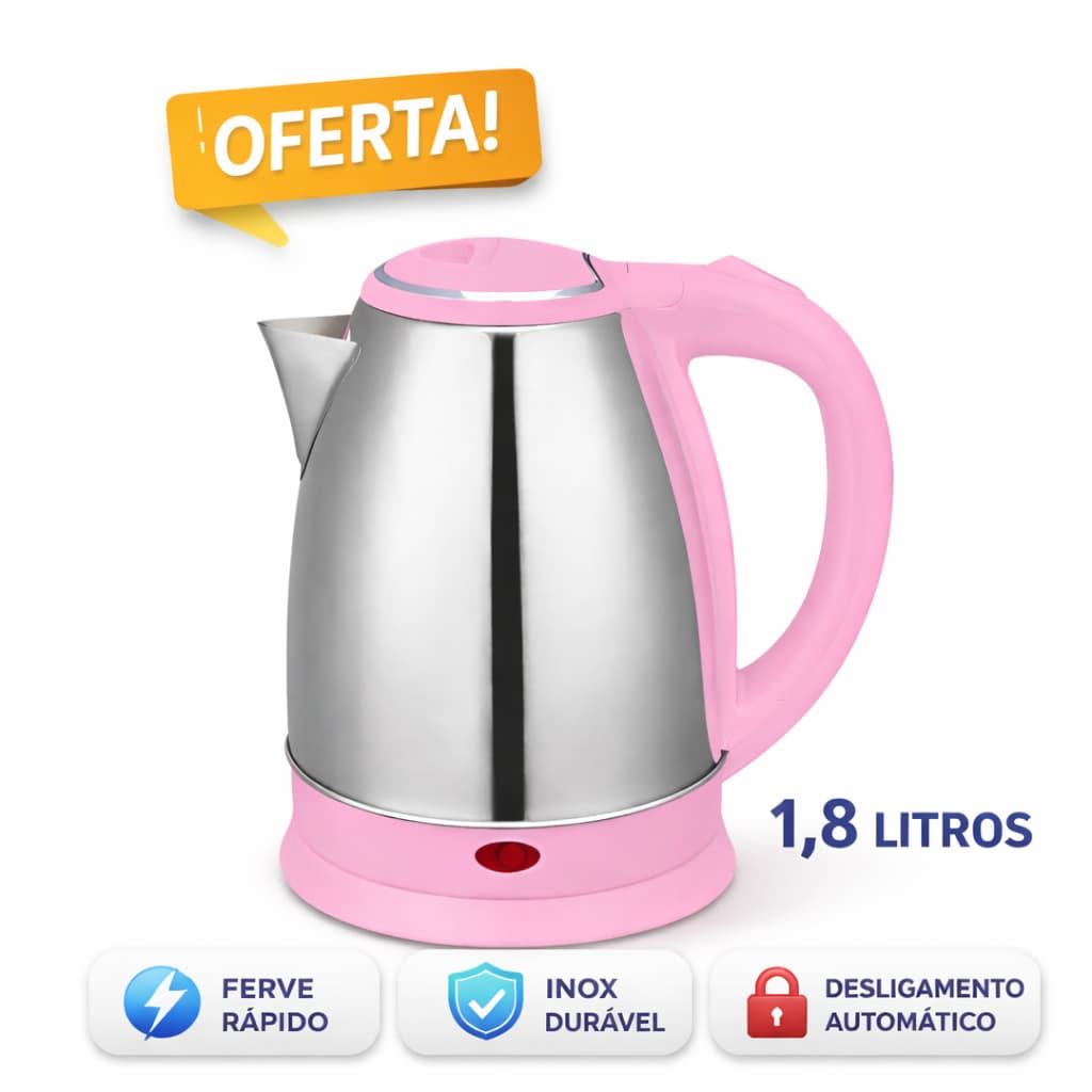 PROMOÇÃO Chaleira Elétrica 1,8L Inox Rosa – Aquecimento Rápido Desligamento Automático