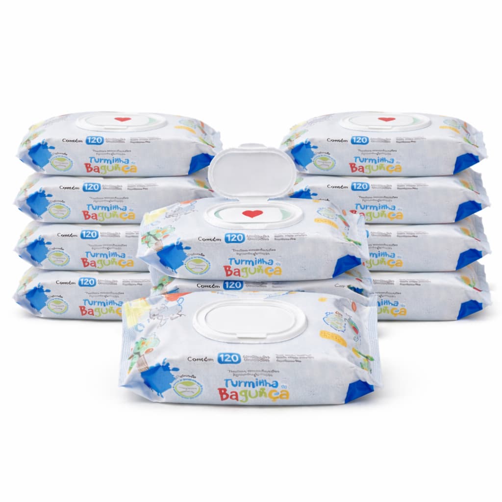 Kit 10 Pacotes Toalhas Umedecidas Turminha Da Bagunça 120 Folhas - 19x13 cm com Tampa