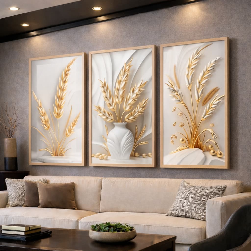Kit 3 Quadros Decorativos Trigo Dourados Brancos Mosaico Sala Quarto Escritório