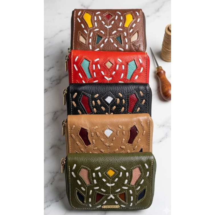 Carteira Unissex de Couro Legítimo com Zíper Grande Porta Documentos e Moedas