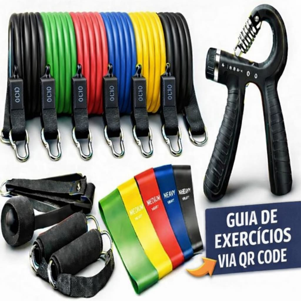 Kit 11 Elastico Exercicio + 5 Mini Bands +Hand Grip Ajustavel