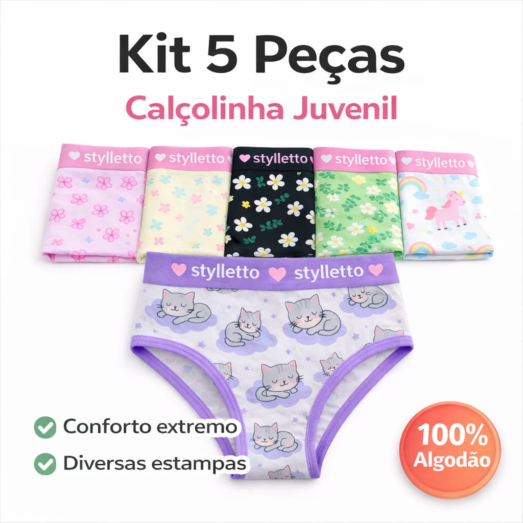 kit 5 calçolinha Juvenil Menina moça em algodao com Elástico personalizado Reforçado na Cintura lisa estampada