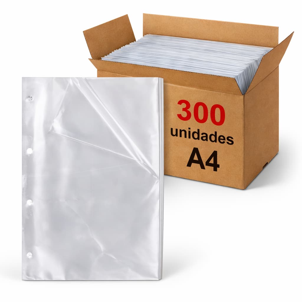 Kit 300 Envelopes Plásticos Transparentes A4 Reforçados 4 Furos /Fichário Pasta Catálogo Organização