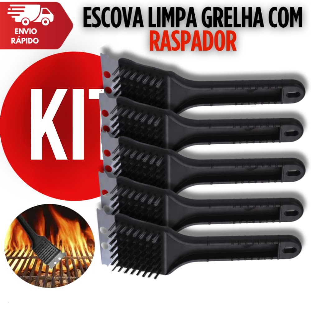 Escova Limpa Grelha 24cm Com Raspador Para Churrasqueira Chapa Multiuso Premium Utilidades Variáveis