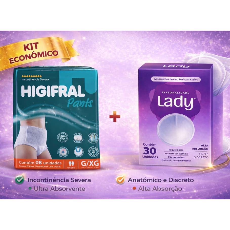 kit Fralda Geriatrica Pôs Parto Higifral 8un e Absorvente para Seios descartável 30un