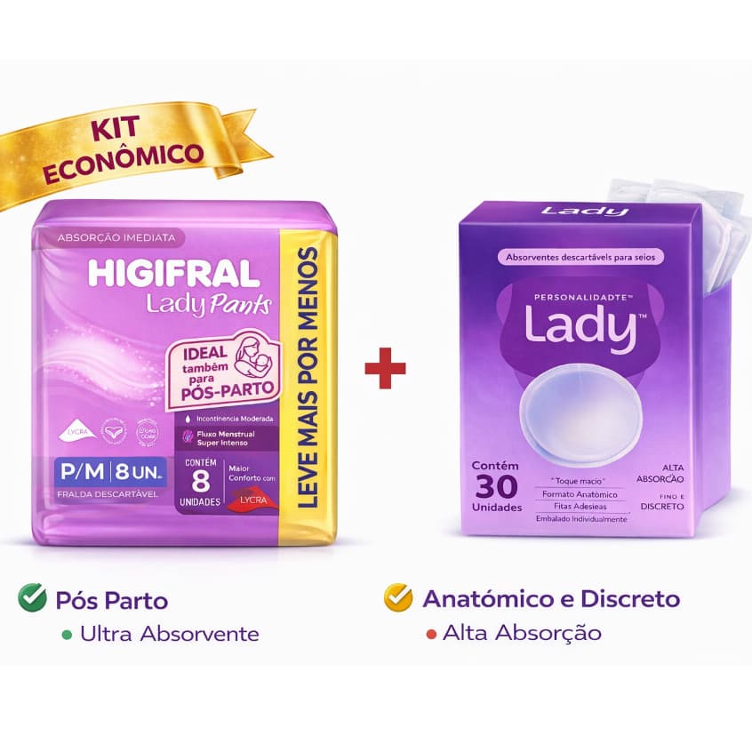 Kit Roupa Intima Lady Fralda Geriátrica Pôs Parto 8 un Higifral Pants e Absorvente para seios 30un