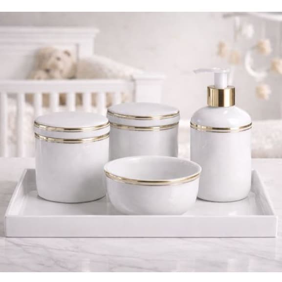 Kit Bebe Porcelana Friso Ouro Branco Decoração Quarto
