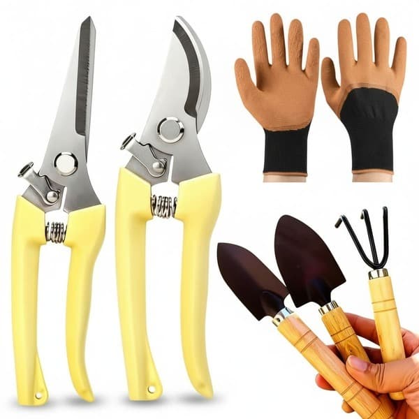 Kit 6 Peças de Jardinagem Com Alicate de Poda, Tesoura de Poda, Par de Luvas e 3 Peças Cuidados com Vasos Pás e Rastelo
