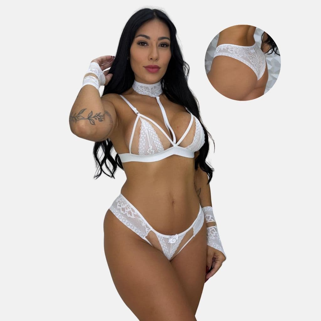Conjunto Lingerie Sexy com Coleira Renda Sensual Sem Bojo Tule Transparente Moda Íntima