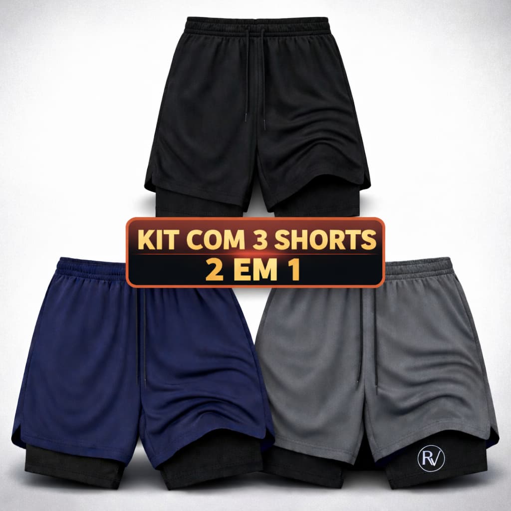 Kit 3 Shorts Masculino P ao G4 Dryfit  2 em 1 Ideal Para Corrida, Musculação, Tecido Com Elastano