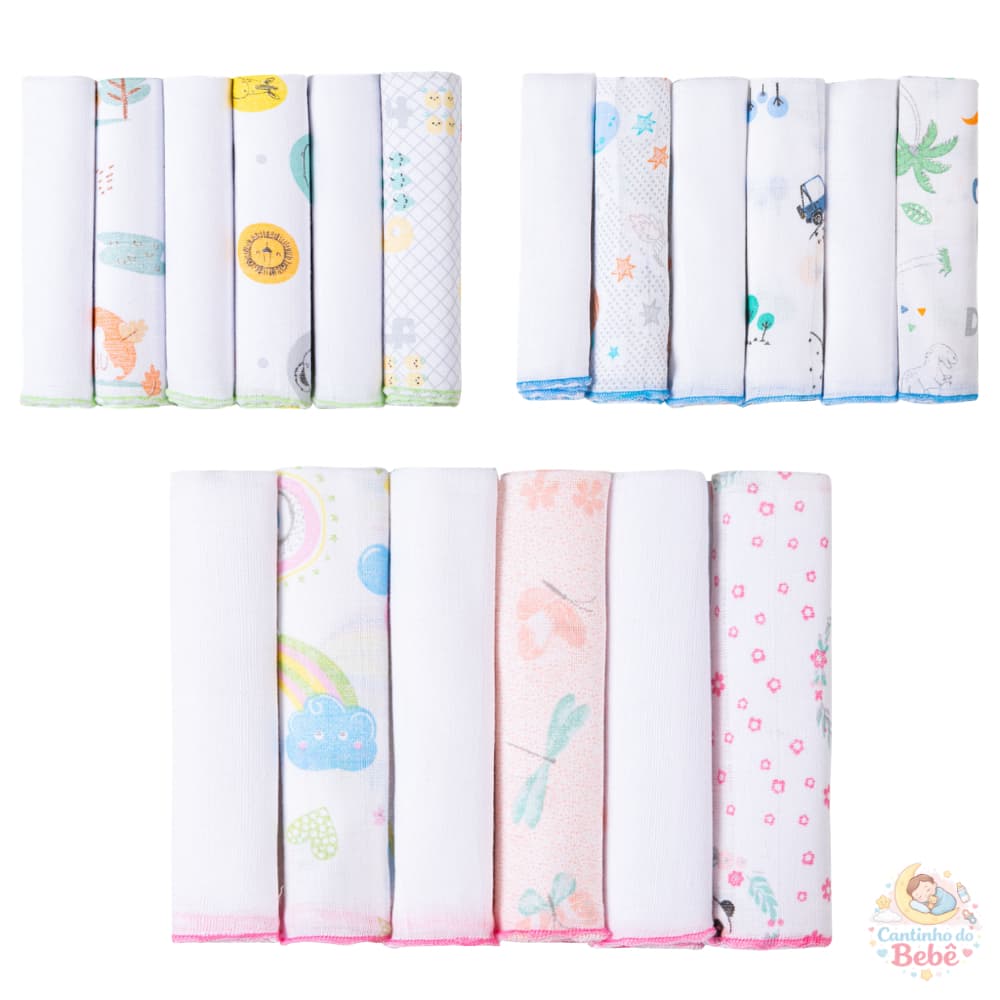 Kit 18 Un Paninhos de Boca Bebê Papi Alta Absorção Algodão Macio Enxoval Completo