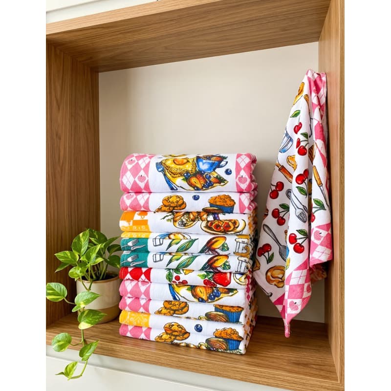 Kit Com 10 Panos de Prato Atoalhados Estampados 40x60cm