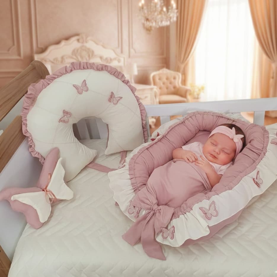 Kit 3 peças Ninho Redutor De Berço com borboletas + Almofada de Amamentação Babado e amarris + Almofada BORBOLETA DE ASA