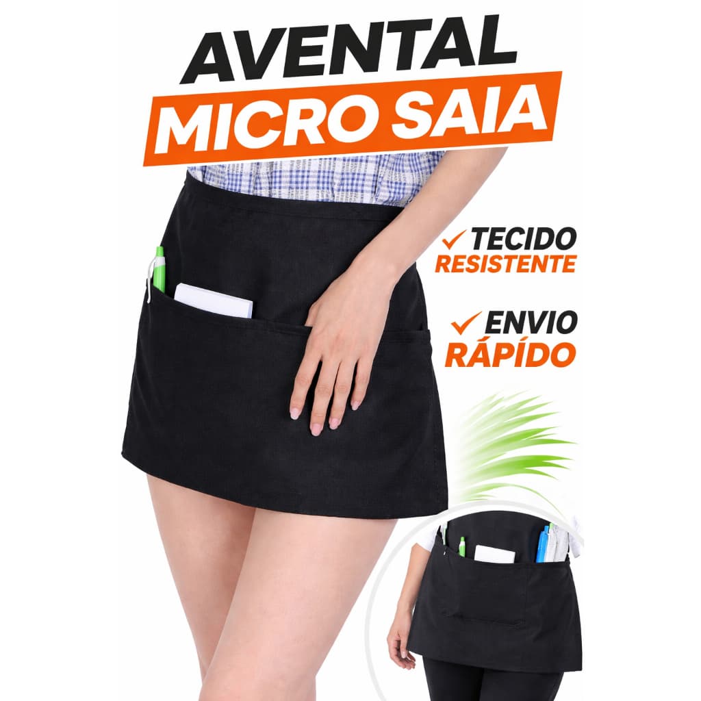 Avental micro saia em tecido e 3 bolsos/garçom/garçonete uniforme farda,,coisas diferentes para casa,shopee