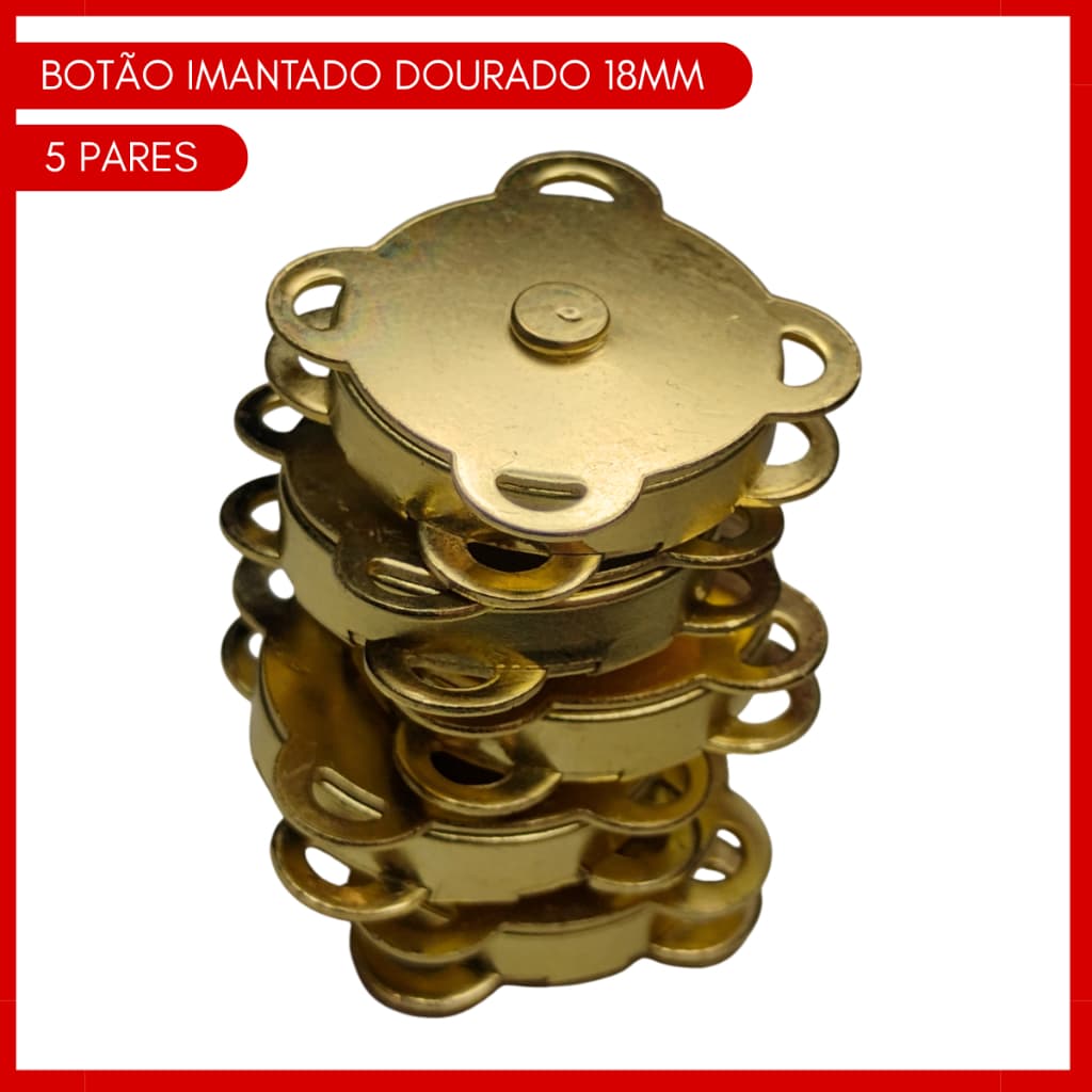Kit 5 Botões Imantado Magnético Fecho P/ Bolsa cor Dourado 18mm Imã
