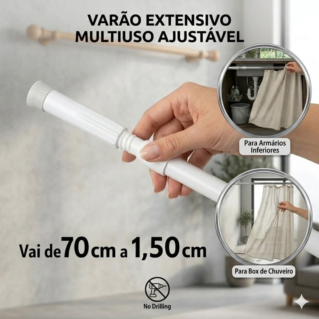 Varão de Cortina Sem Furo 19mm Extensivel ajustável– Fixação Pressão – Instalação Fácil