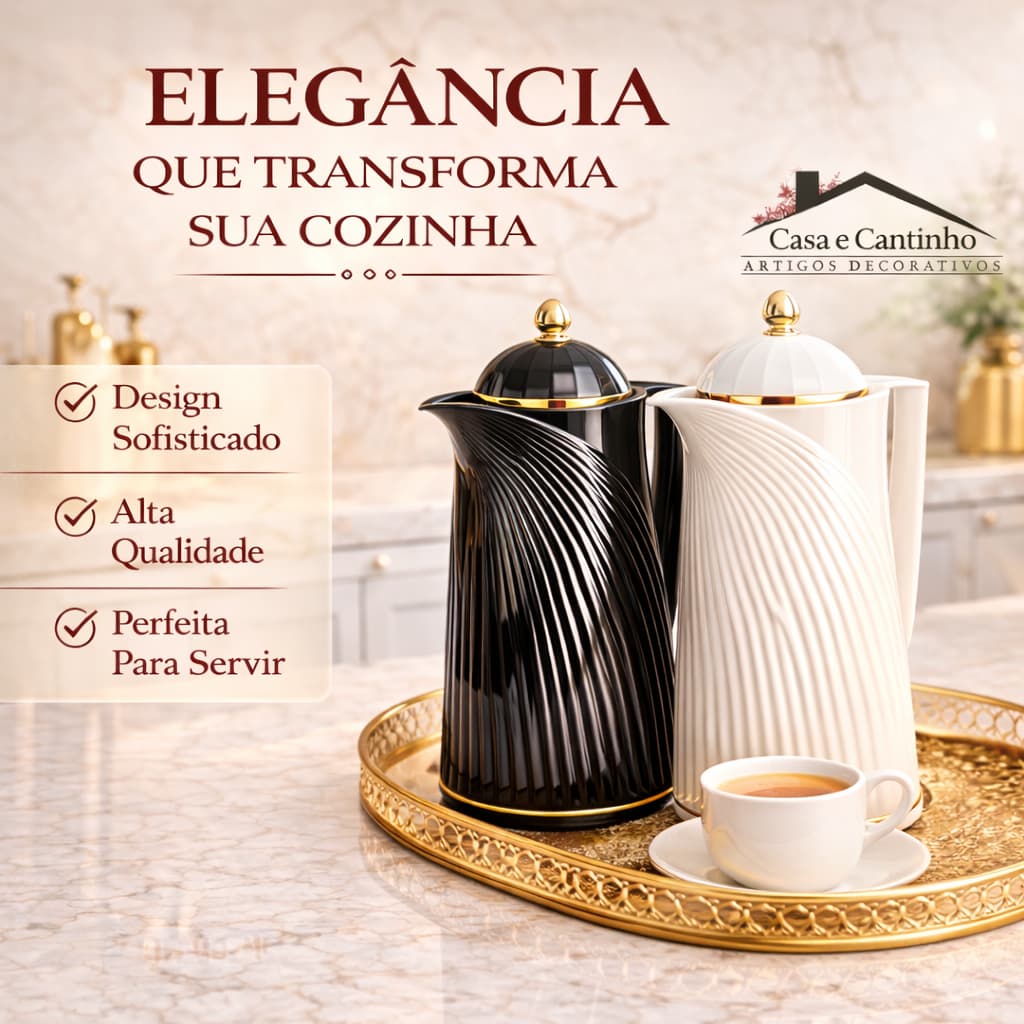 Garrafa Térmica Luxo 1L com Tampa Dourada | Café Chá Design Decorativo Elegante Mesa Posta