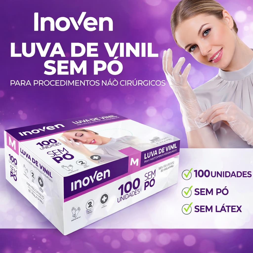 Caixas Luvas de Vinil Inoven 100 Unidades Transparente com Pó Sem Po Descartável