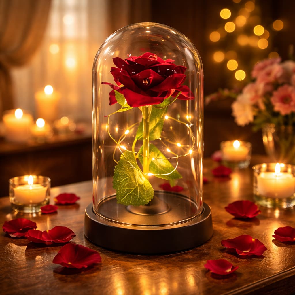 Rosa Encantada com Luz LED - Flor Eterna Decorativa em Cúpula de Acrílico Dia dos Namorados Mães