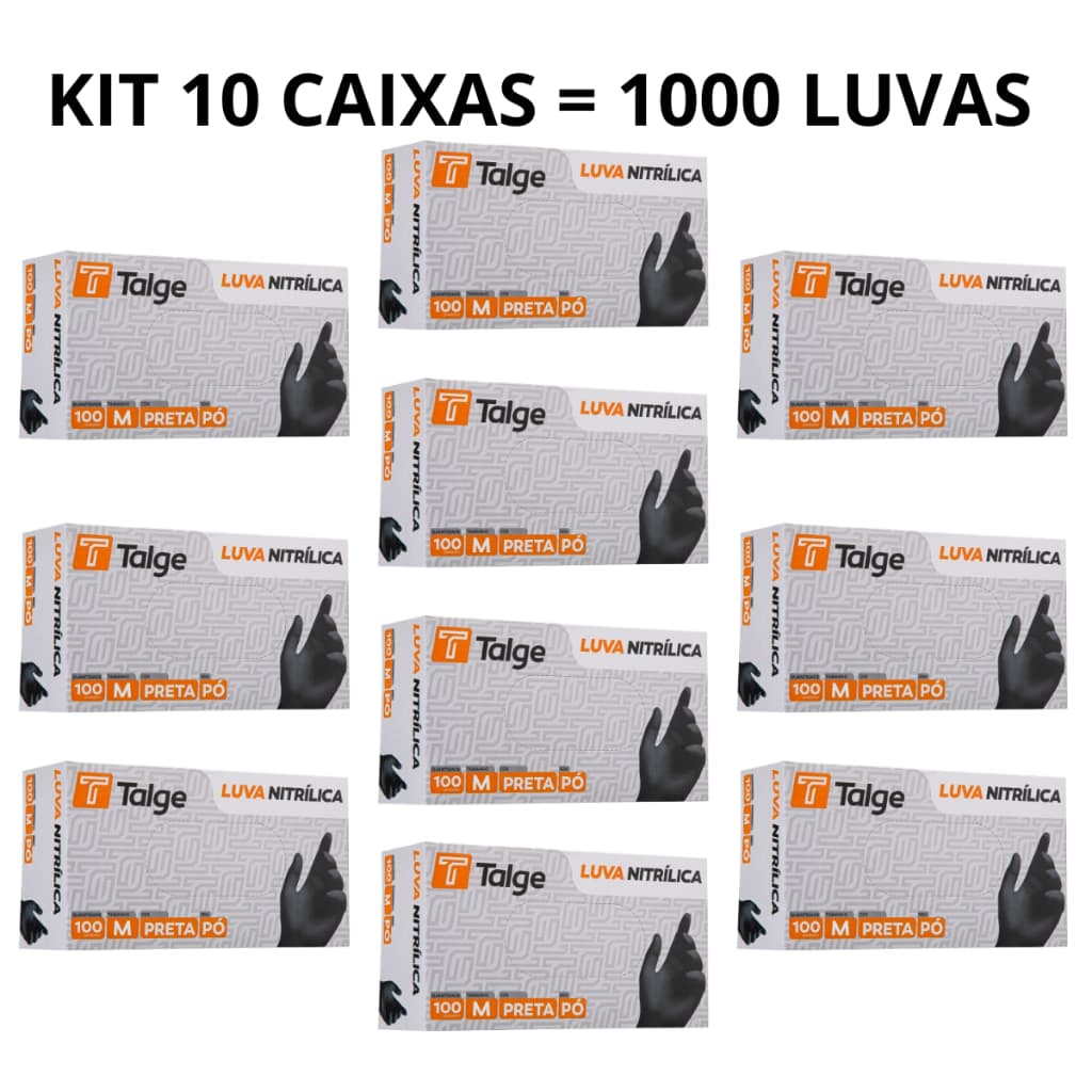 Kit 10 X 100 Caixas Luva Nitrílica Sem Pó Preta Black 1000 Unidades P M G