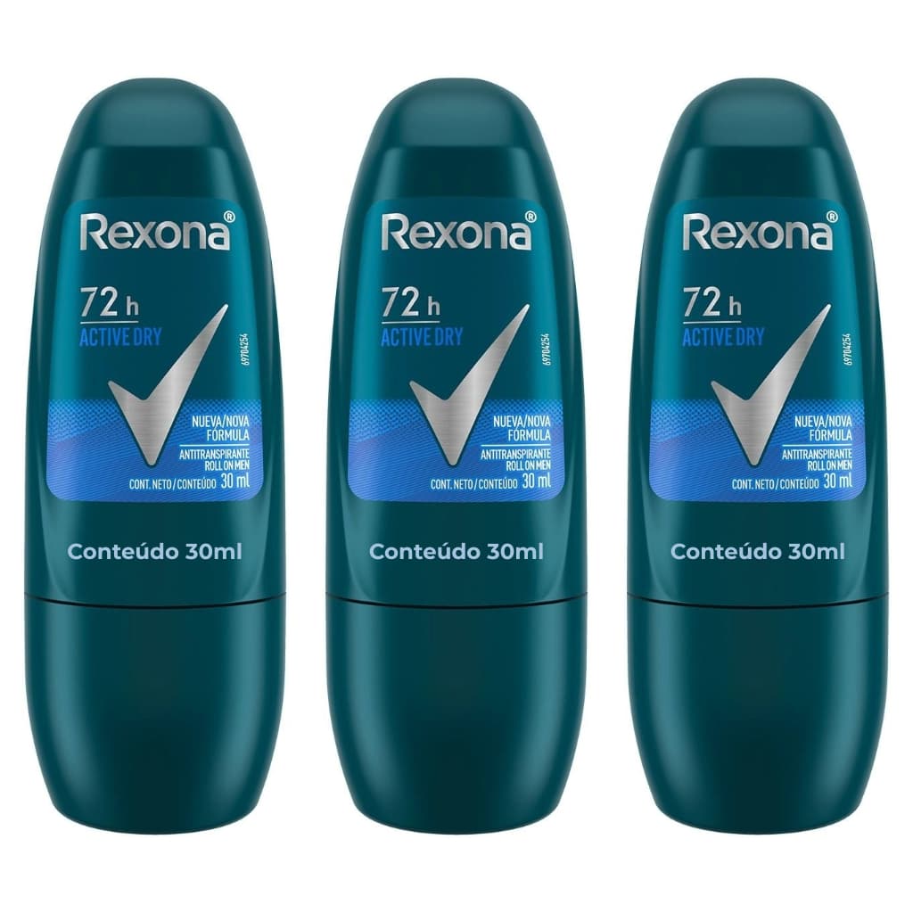 Kit 03un Desodorante Antitranspirante Roll On Rexona Men Active Dry 30ml