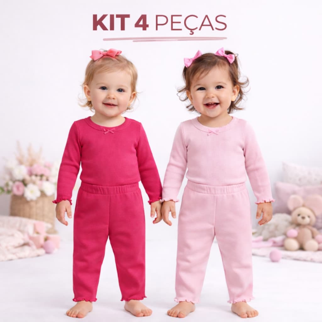 Kit 4 Peças Body E Calça FruFru E Laço Ribana Canelado Mijão Pagão Liso Roupa Para Bebe Menina Conforto Qualidade05.9.06