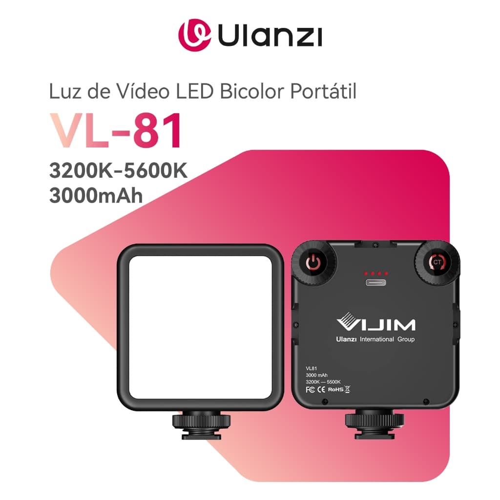 ULANZI VL-81 Luz de Vídeo LED Bicolor 3200K-5600K 3000mAh Recarregável CRI95 Portátil
