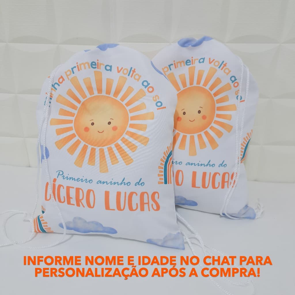 Mochilinha Personalizada 20x30cm MINHA PRIMEIRA VOLTA AO SOL Lembrancinha para festa 365 SORRISOS