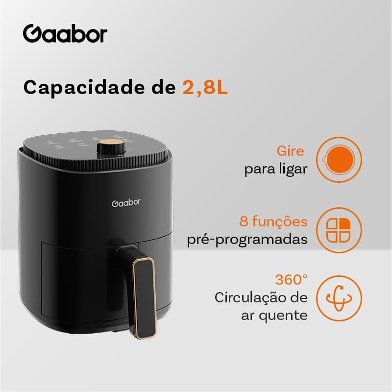 Gaabor Air Fryer 2,8L Ar Cozimento Uniforme Timer 200°C Múltiplas funções Antiaderente AF-35M02A