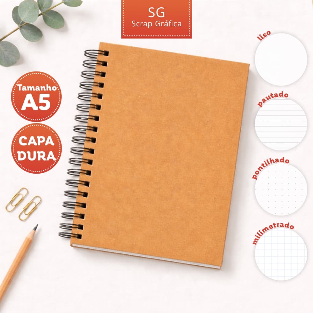 Caderno A5 Sketchbook Liso, Pautado, Pontilhado ou Milimetrado Capa Kraft Dura Folhas 90g