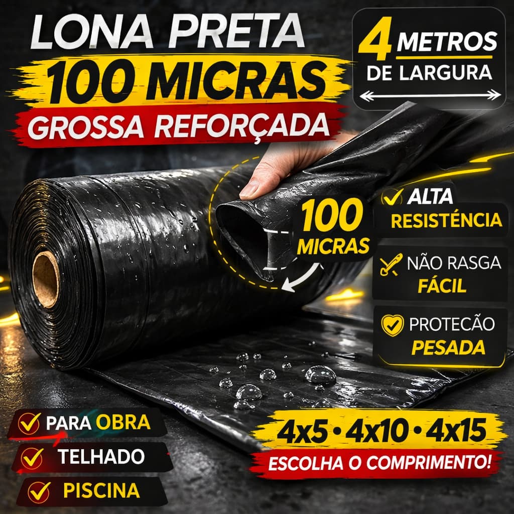 Lona Preta 100 Micras Grossa 4x5 4x10 4x15 Reforçada para Obras, Pintura e Uso Geral