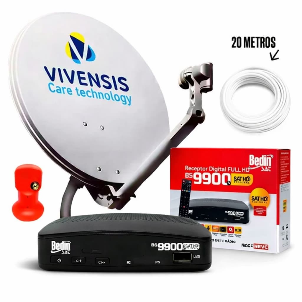 KIT ANTENA PARABÓLICA DIGITAL VIVENSIS 60CM - CABO 20 METROS , LNBF E RECEPTOR BEDIN SAT - BS9900
