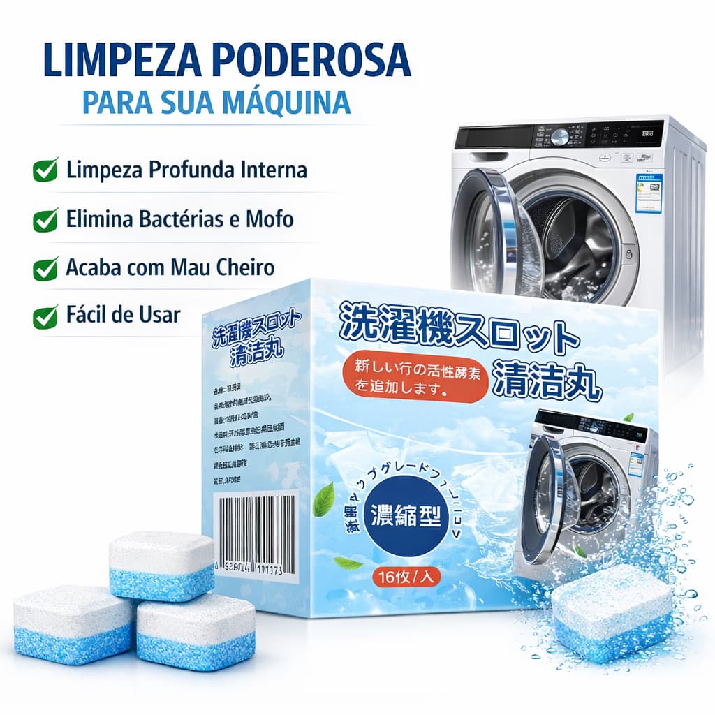 Kit16/32 Pastilha Efervescente para Limpeza de Máquina de Lavar – Remove Mofo, Bactérias e Mau Cheiro – Limpeza Profunda