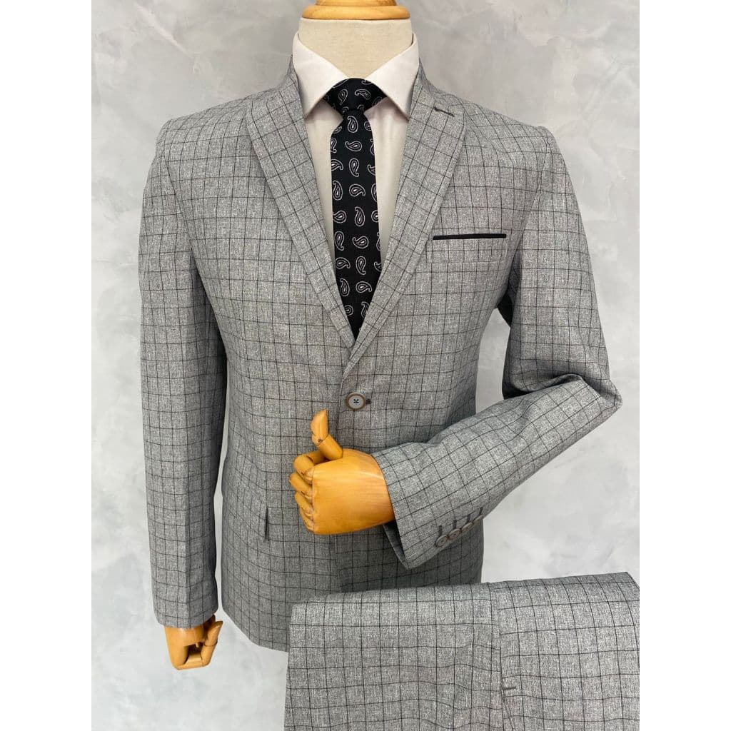 Terno Casemira Principe de Gales Cor Cinza Quadriculado Slim Alta Costura de Grife