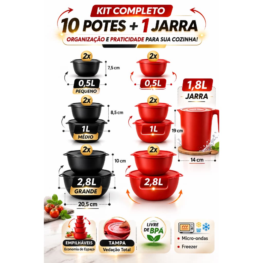 Kit Potes Bowl de Plástico 10 Peças Redondo Preto ou Vermelho + Jarra ou 5 Peças + Jarra