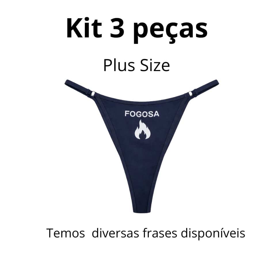 Kit 3 Calcinhas Plus Size Mid Size  Fio Dental Sensual Regulável com Escrita