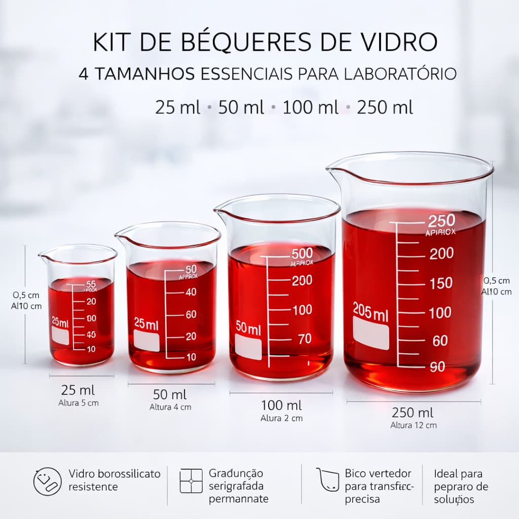 Kit com 4 Copos Bequer Becker de Vidro Borossilicato 3.3 resistente a altas temperaturas e graduado