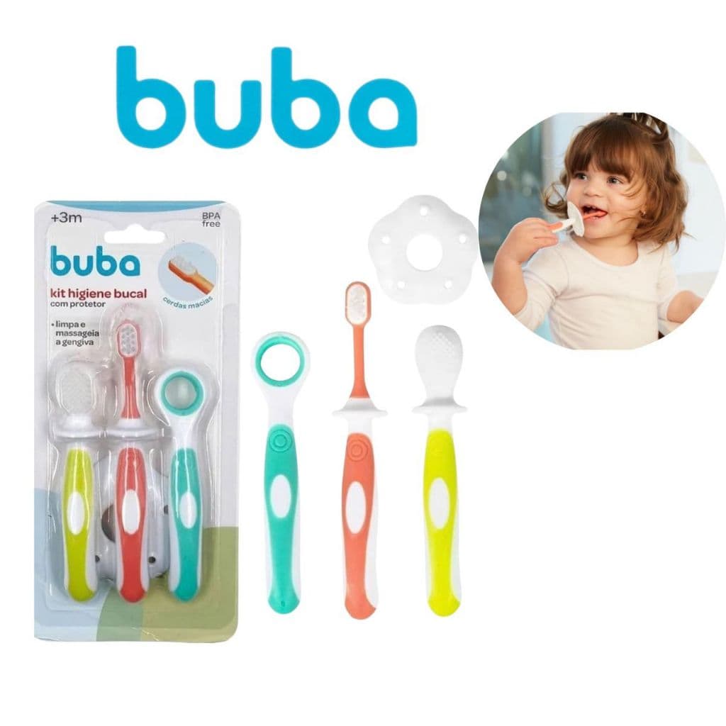 Escova de Dente com Protetor e Kit Higiene Bucal Bebê Buba