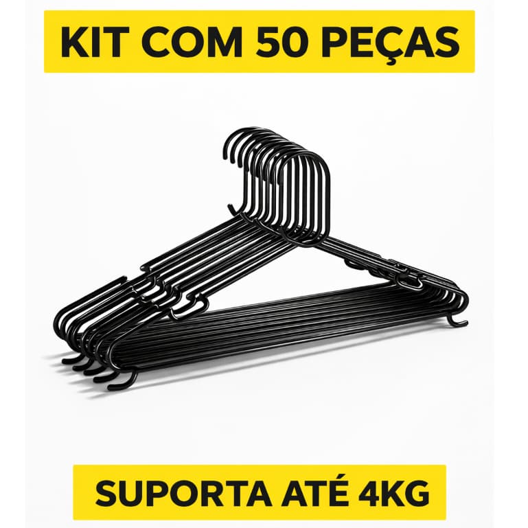 Cabides Antideslizantes Adulto Preto Reforçado- Kit com 10 a 60 uniaddes