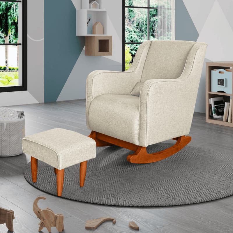 Poltrona Amamentação Retrô Com Balanço Cadeira Descanso Aquila Com Puff Linho Tw Decora