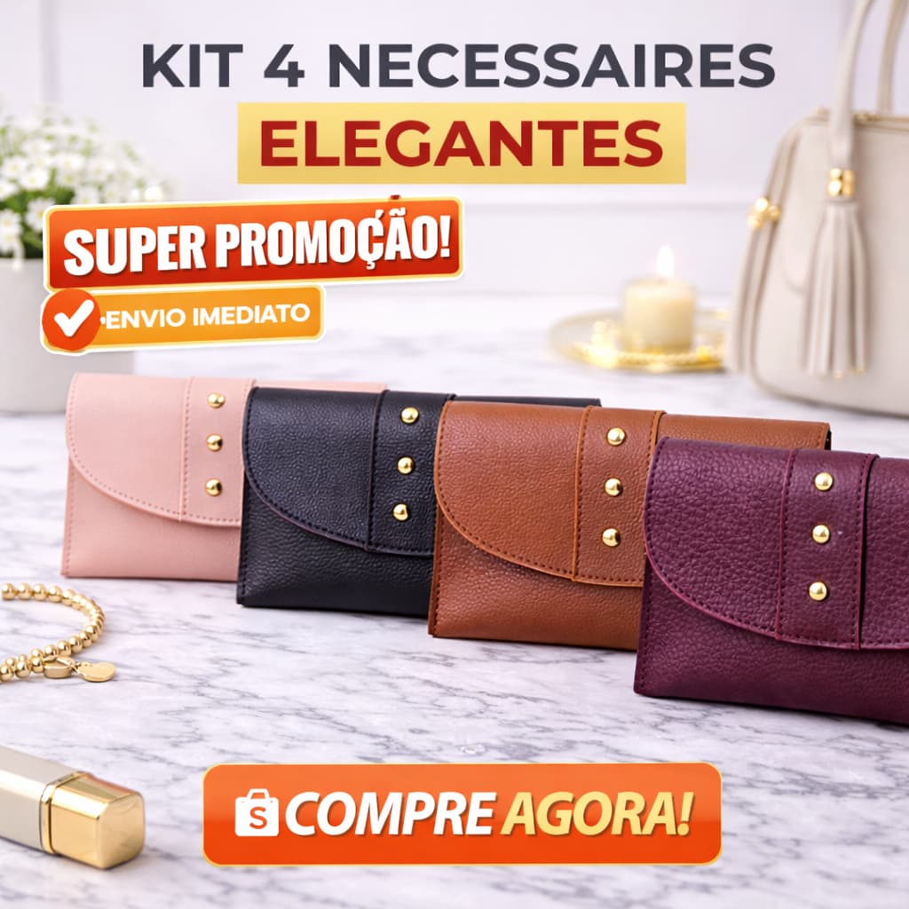Kit 4 Nécessaires Femininas Elegantes | Organizadoras Premium com Detalhes Dourados