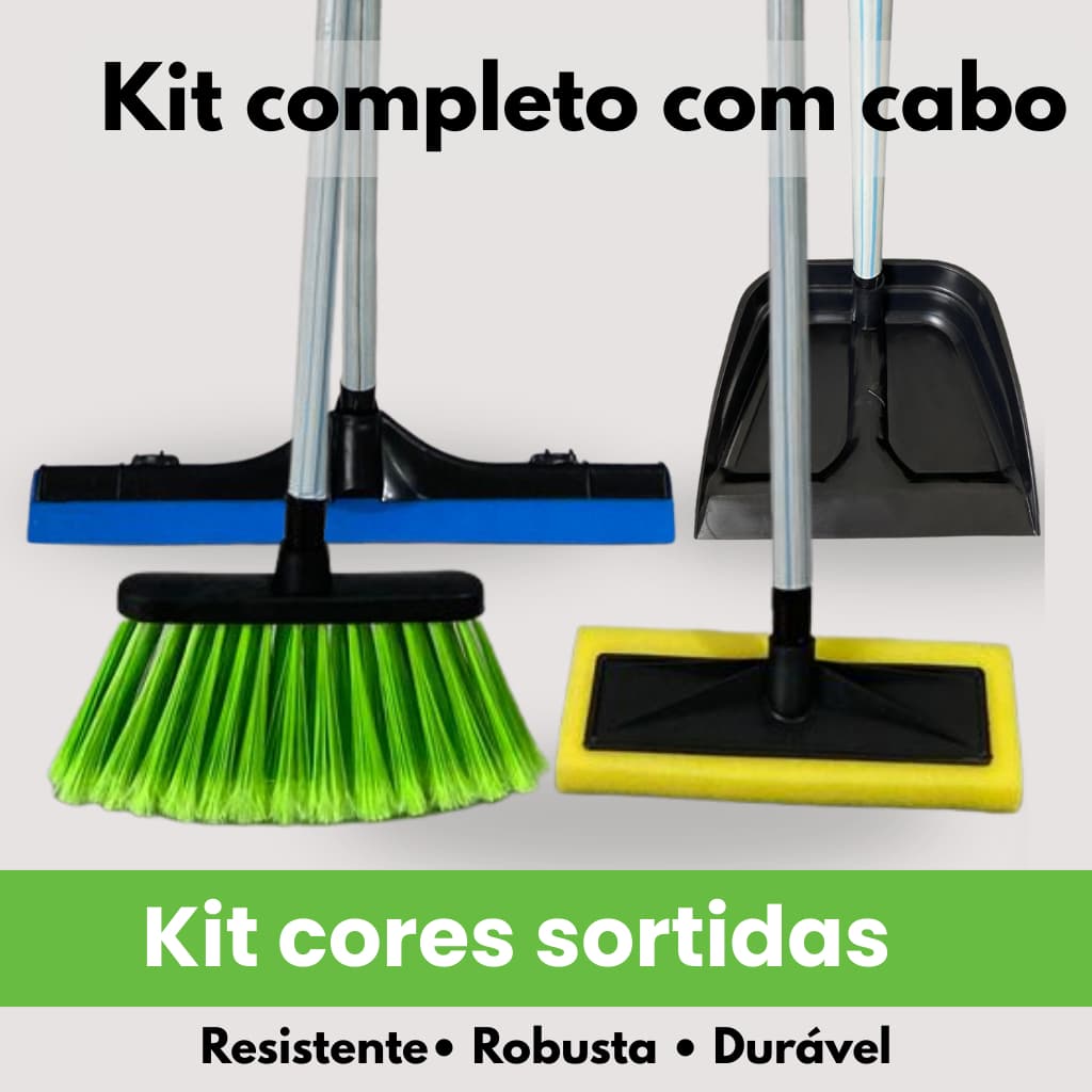 Kit Limpeza 4 Peças Cores sortidas com Cabo Vassoura + Rodo + Pá de Lixo + Limpa Azulejo
