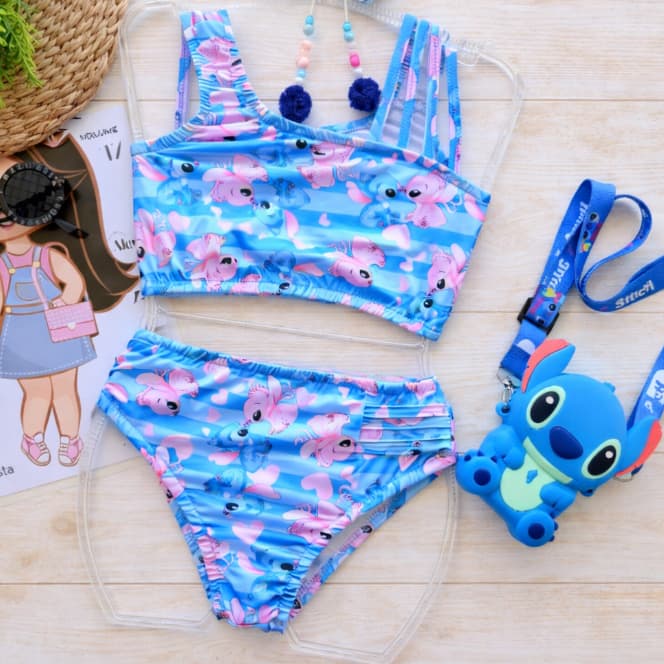 Biquíni Stitch Azul com Elástico - Moda Feminina - Moda Infantil - Moda Juvenil
