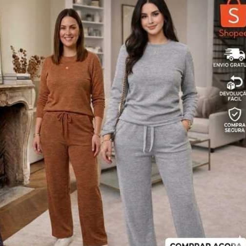 Conjunto Calça Pantalona com bolso e Blusa Manga Longa Tecido Lanzinha ribi