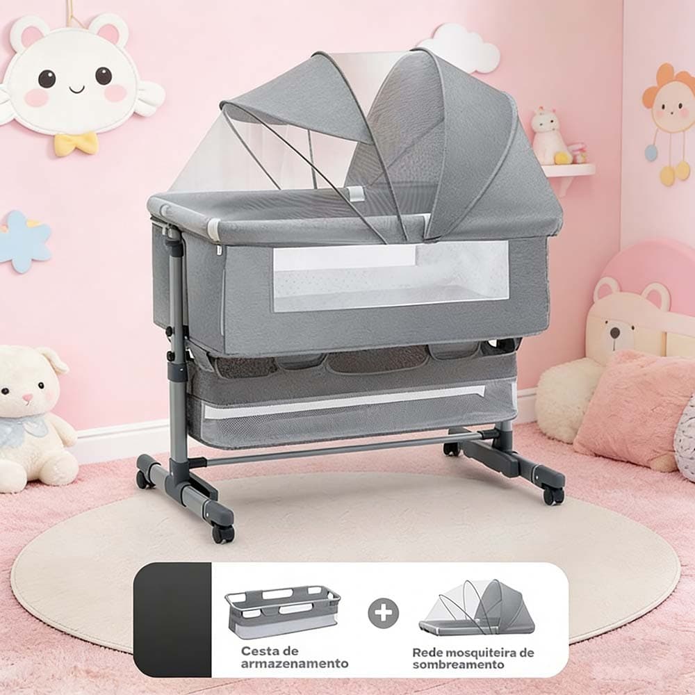 Berço Portátil Balanço Bebê Moises Infantil Mosqueteiro Trava Segurança Regulável Até 3 Anos