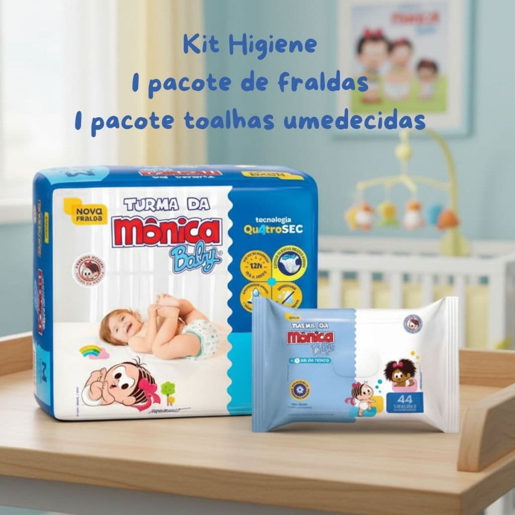 Kit Chá Bebê Turma da Mônica 1 Pacote de Fraldas e 1 Pacote de Toalhas Umedecidas